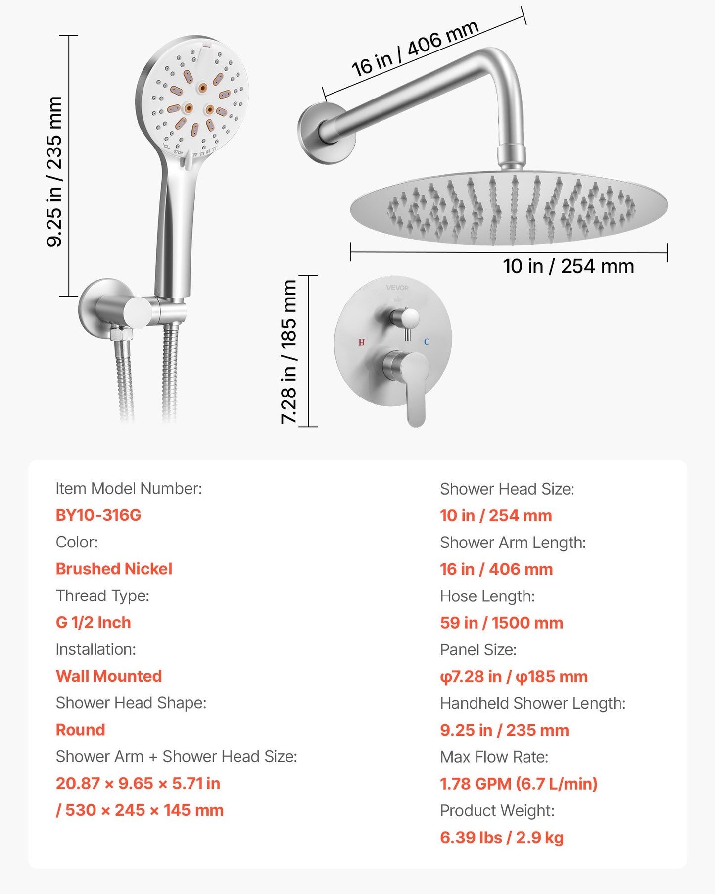Shower Faucet Set, Rainfall Bathroom Shower System with 10-Inch (25.4cm) Round Rain Shower Head and Handheld Spray, Wall Mounted Bath Fixtures with Brass Valve and Trim Kit, Brushed Nickel