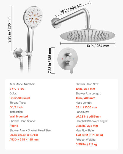 Shower Faucet Set, Rainfall Bathroom Shower System with 10-Inch (25.4cm) Round Rain Shower Head and Handheld Spray, Wall Mounted Bath Fixtures with Brass Valve and Trim Kit, Brushed Nickel