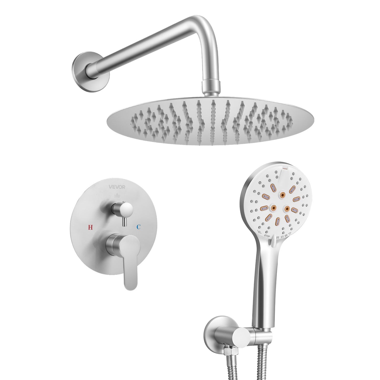 Shower Faucet Set, Rainfall Bathroom Shower System with 10-Inch (25.4cm) Round Rain Shower Head and Handheld Spray, Wall Mounted Bath Fixtures with Brass Valve and Trim Kit, Brushed Nickel