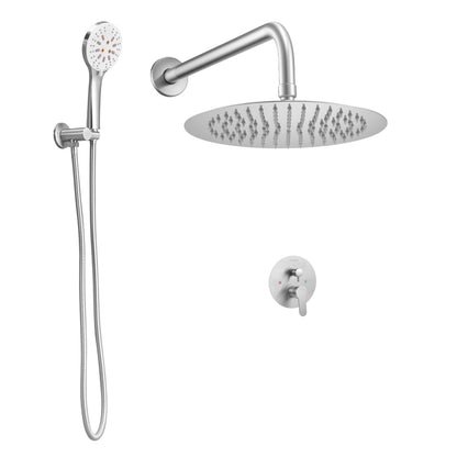 Shower Faucet Set, Rainfall Bathroom Shower System with 10-Inch (25.4cm) Round Rain Shower Head and Handheld Spray, Wall Mounted Bath Fixtures with Brass Valve and Trim Kit, Brushed Nickel