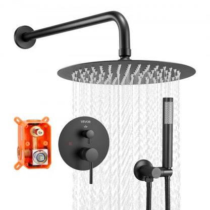 Shower Faucet Set, Rainfall Bathroom Shower System with 10-Inch (25.4cm) Round Rain Shower Head and Handheld Spray, Wall Mounted Bath Fixtures with Brass Valve and Trim Kit, Matte Black