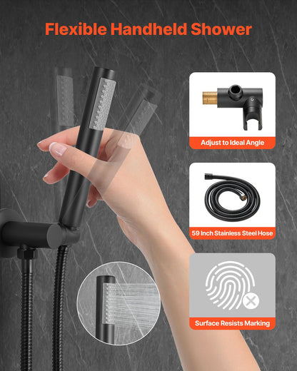Shower Faucet Set, Rainfall Bathroom Shower System with 10-Inch (25.4cm) Round Rain Shower Head and Handheld Spray, Wall Mounted Bath Fixtures with Brass Valve and Trim Kit, Matte Black