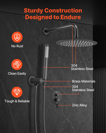 Shower Faucet Set, Rainfall Bathroom Shower System with 10-Inch (25.4cm) Round Rain Shower Head and Handheld Spray, Wall Mounted Bath Fixtures with Brass Valve and Trim Kit, Matte Black