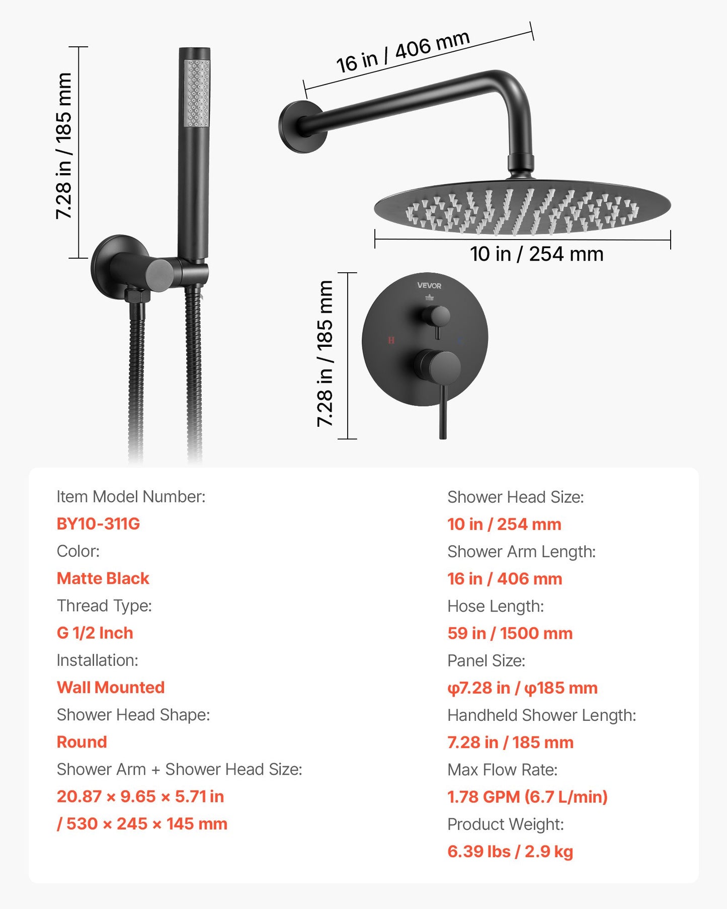 Shower Faucet Set, Rainfall Bathroom Shower System with 10-Inch (25.4cm) Round Rain Shower Head and Handheld Spray, Wall Mounted Bath Fixtures with Brass Valve and Trim Kit, Matte Black