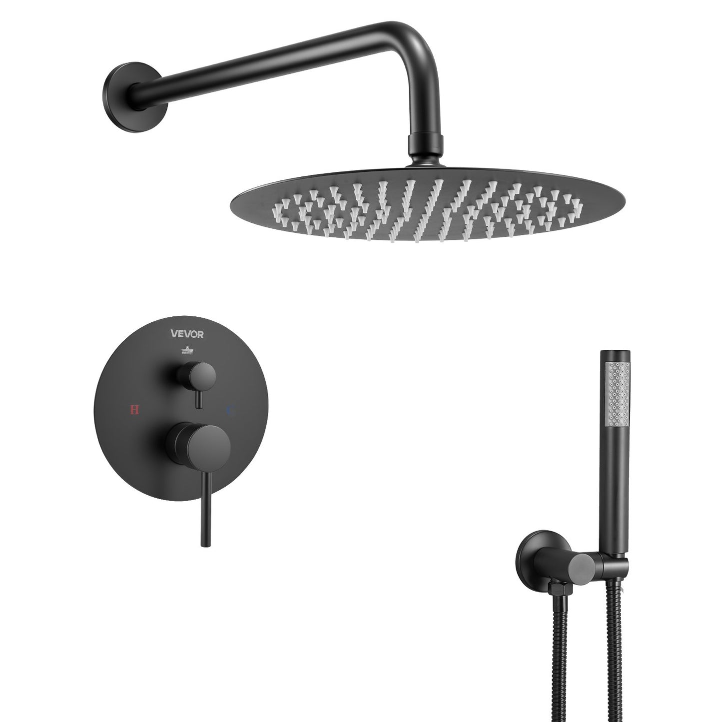 Shower Faucet Set, Rainfall Bathroom Shower System with 10-Inch (25.4cm) Round Rain Shower Head and Handheld Spray, Wall Mounted Bath Fixtures with Brass Valve and Trim Kit, Matte Black