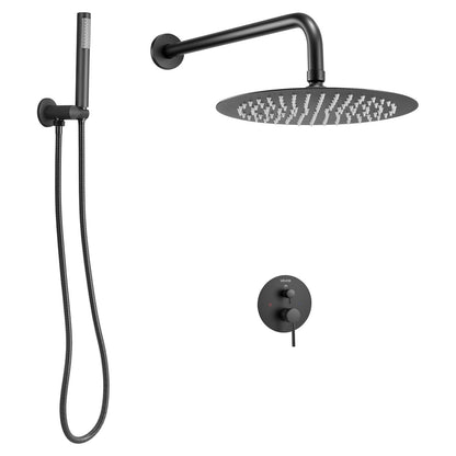Shower Faucet Set, Rainfall Bathroom Shower System with 10-Inch (25.4cm) Round Rain Shower Head and Handheld Spray, Wall Mounted Bath Fixtures with Brass Valve and Trim Kit, Matte Black