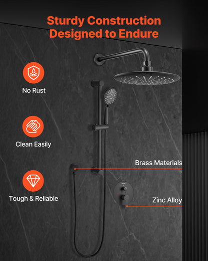 Shower Faucet Set, Rainfall Bathroom Shower System with 9-Inch (23cm) Round Rain Shower Head and Handheld Spray, Wall Mounted Bath Fixtures with Brass Valve and Trim Kit, Matte Black