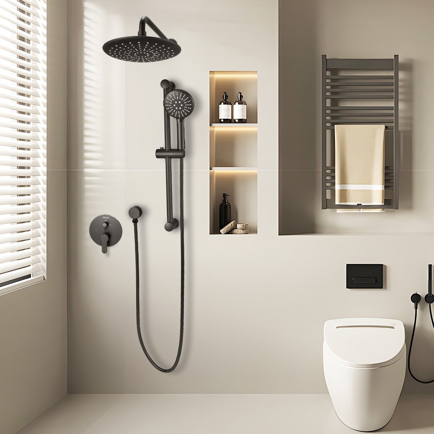 Shower Faucet Set, Rainfall Bathroom Shower System with 9-Inch (23cm) Round Rain Shower Head and Handheld Spray, Wall Mounted Bath Fixtures with Brass Valve and Trim Kit, Matte Black