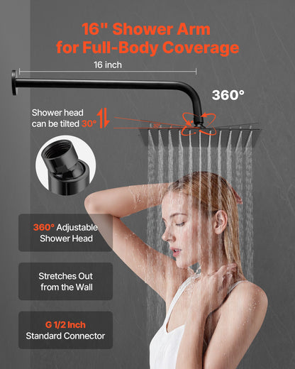 Shower Faucet Set, Rainfall Bathroom Shower System with 10-Inch (25.4cm) Square Rain Shower Head and Handheld Spray, Wall Mounted Bath Fixtures with Brass Valve and Trim Kit, Matte Black