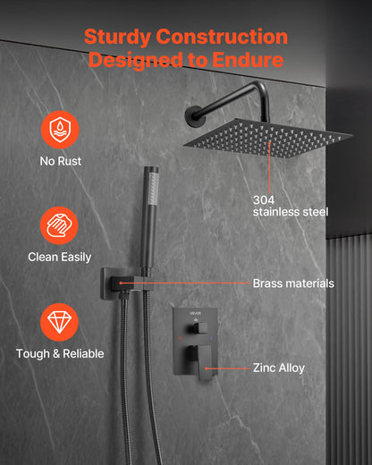 Shower Faucet Set, Rainfall Bathroom Shower System with 10-Inch (25.4cm) Square Rain Shower Head and Handheld Spray, Wall Mounted Bath Fixtures with Brass Valve and Trim Kit, Matte Black