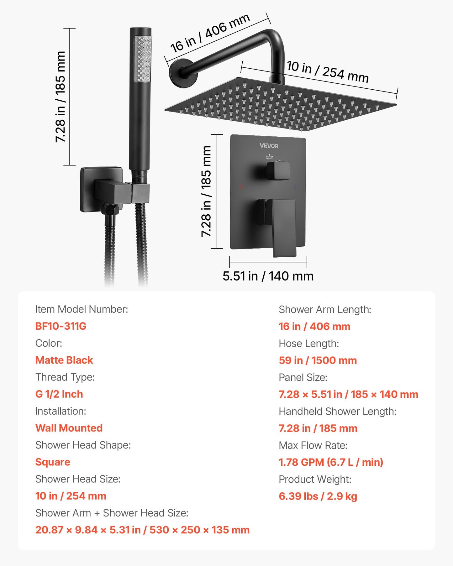 Shower Faucet Set, Rainfall Bathroom Shower System with 10-Inch (25.4cm) Square Rain Shower Head and Handheld Spray, Wall Mounted Bath Fixtures with Brass Valve and Trim Kit, Matte Black