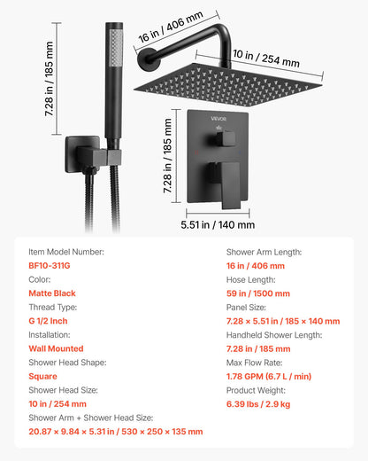 Shower Faucet Set, Rainfall Bathroom Shower System with 10-Inch (25.4cm) Square Rain Shower Head and Handheld Spray, Wall Mounted Bath Fixtures with Brass Valve and Trim Kit, Matte Black
