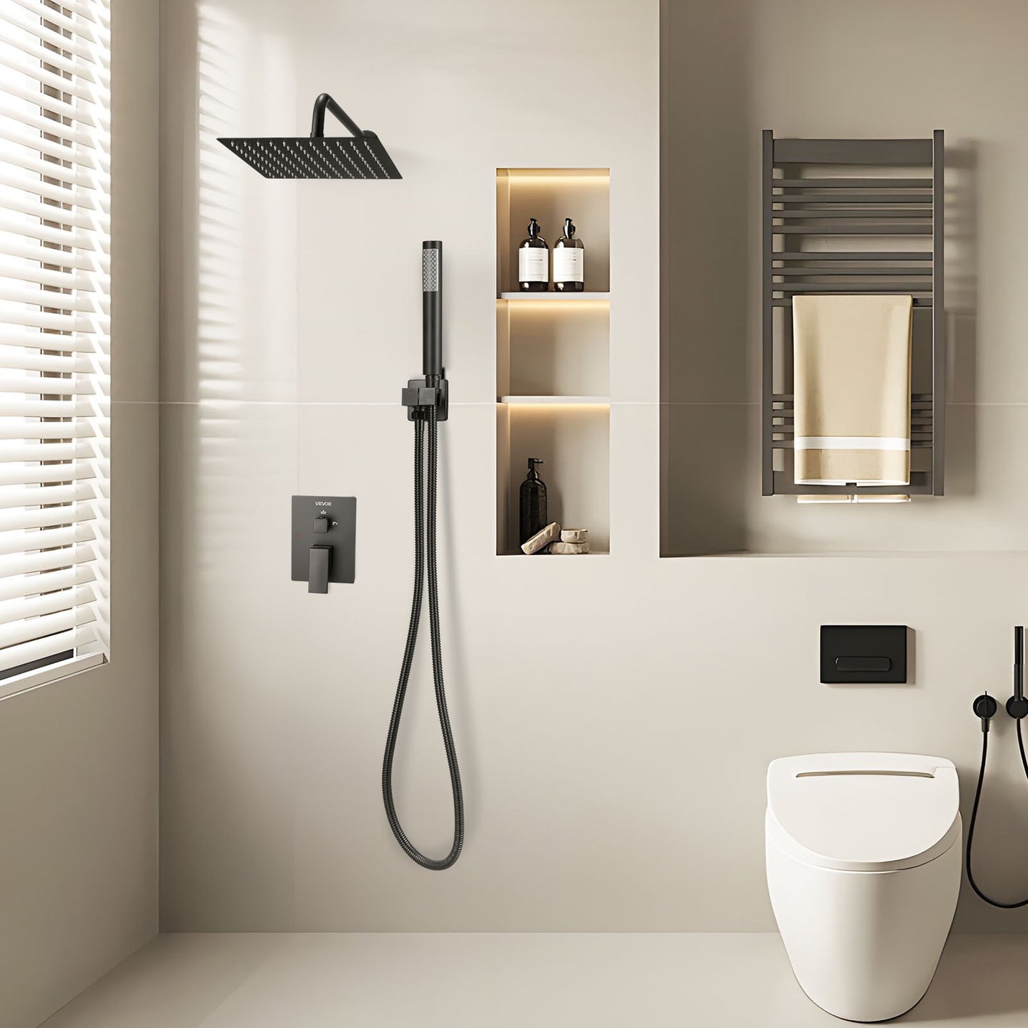 Shower Faucet Set, Rainfall Bathroom Shower System with 10-Inch (25.4cm) Square Rain Shower Head and Handheld Spray, Wall Mounted Bath Fixtures with Brass Valve and Trim Kit, Matte Black