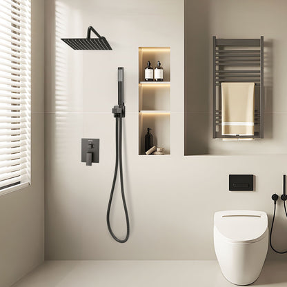 Shower Faucet Set, Rainfall Bathroom Shower System with 10-Inch (25.4cm) Square Rain Shower Head and Handheld Spray, Wall Mounted Bath Fixtures with Brass Valve and Trim Kit, Matte Black