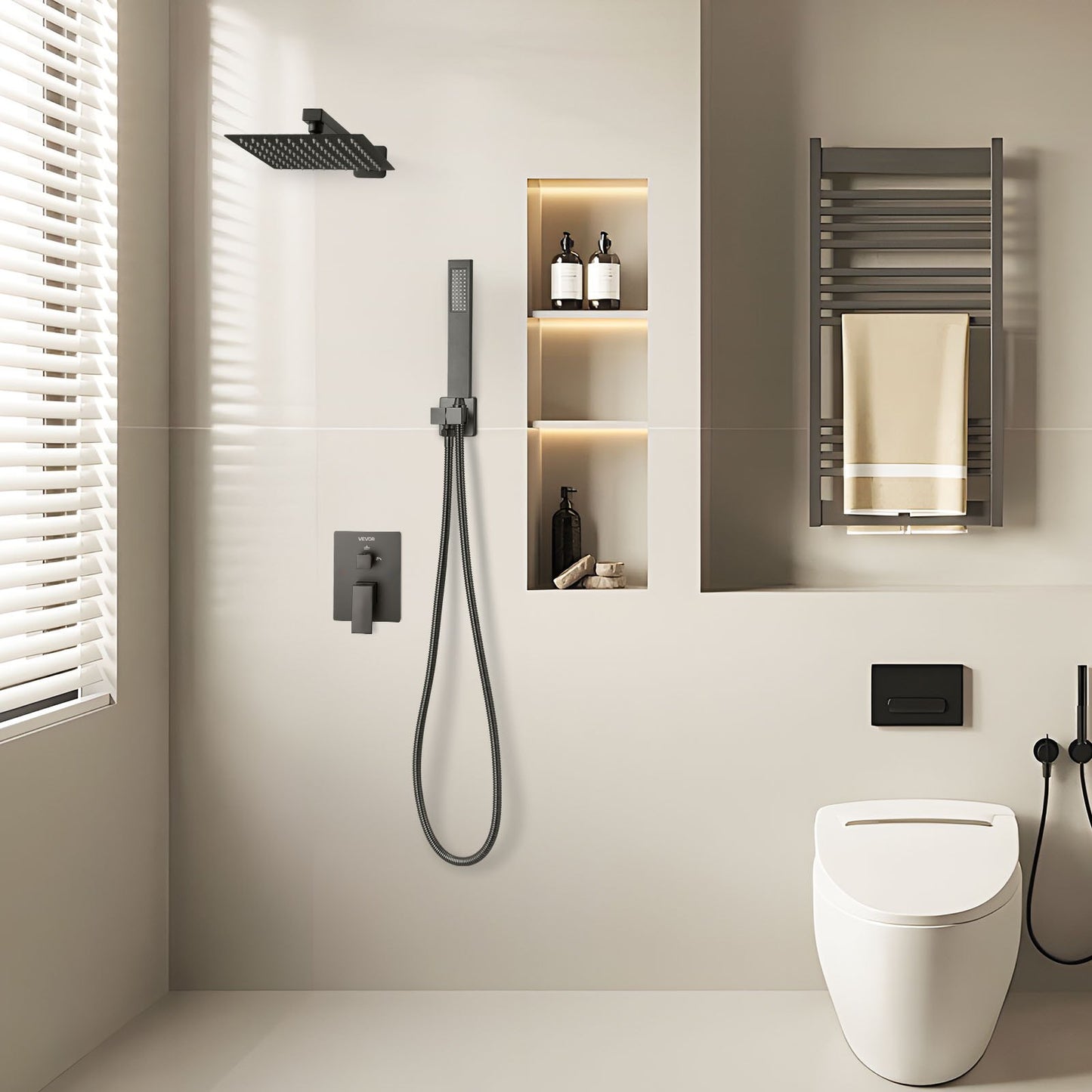 Shower Faucet Set, Rainfall Bathroom Shower System with 8-Inch (20.3cm) Square Rain Shower Head and Handheld Spray, Wall Mounted Bath Fixtures with Brass Valve and Trim Kit, Matte Black