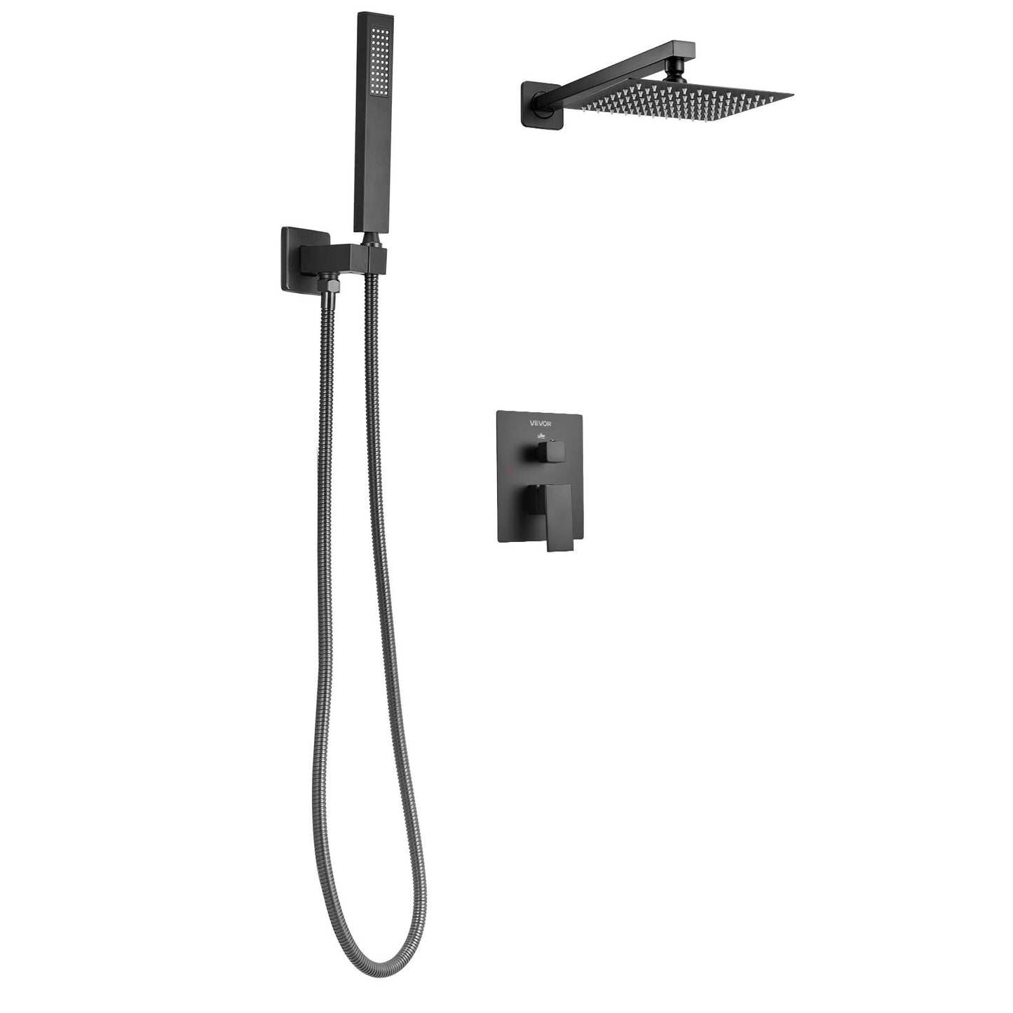 Shower Faucet Set, Rainfall Bathroom Shower System with 8-Inch (20.3cm) Square Rain Shower Head and Handheld Spray, Wall Mounted Bath Fixtures with Brass Valve and Trim Kit, Matte Black
