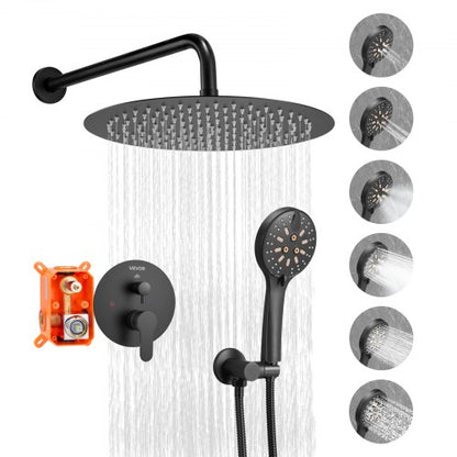 Shower Faucet Set, Rainfall Bathroom Shower System with 12-Inch (30.5cm) Round Rain Shower Head and Handheld Spray, Wall Mounted Bath Fixtures with Brass Valve and Trim Kit, Matte Black