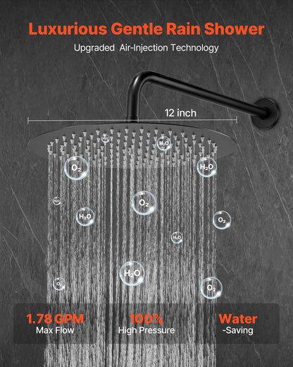 Shower Faucet Set, Rainfall Bathroom Shower System with 12-Inch (30.5cm) Round Rain Shower Head and Handheld Spray, Wall Mounted Bath Fixtures with Brass Valve and Trim Kit, Matte Black