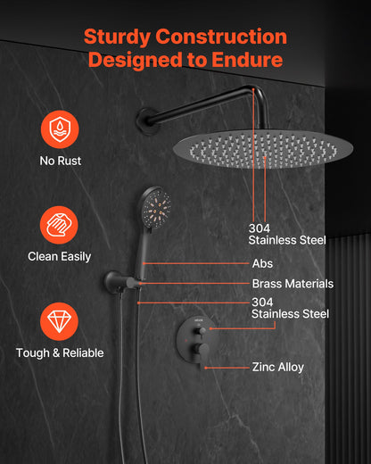 Shower Faucet Set, Rainfall Bathroom Shower System with 12-Inch (30.5cm) Round Rain Shower Head and Handheld Spray, Wall Mounted Bath Fixtures with Brass Valve and Trim Kit, Matte Black
