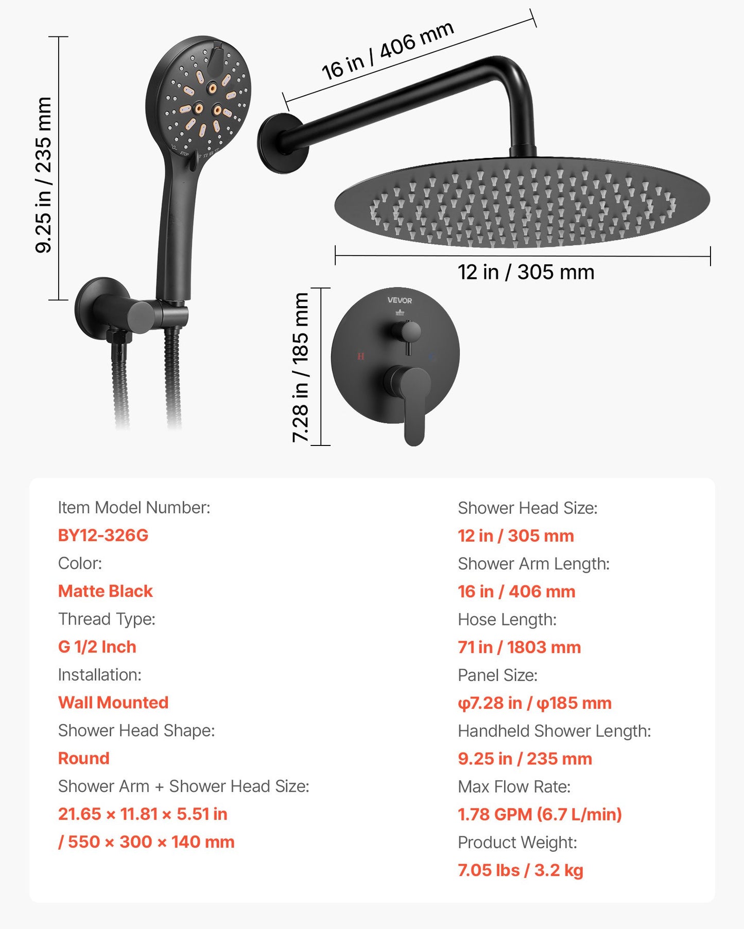 Shower Faucet Set, Rainfall Bathroom Shower System with 12-Inch (30.5cm) Round Rain Shower Head and Handheld Spray, Wall Mounted Bath Fixtures with Brass Valve and Trim Kit, Matte Black