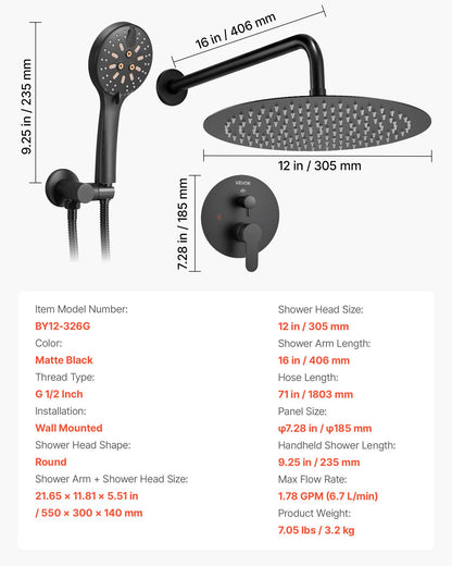 Shower Faucet Set, Rainfall Bathroom Shower System with 12-Inch (30.5cm) Round Rain Shower Head and Handheld Spray, Wall Mounted Bath Fixtures with Brass Valve and Trim Kit, Matte Black