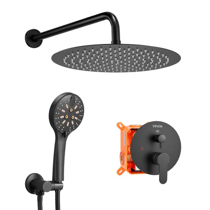 Shower Faucet Set, Rainfall Bathroom Shower System with 12-Inch (30.5cm) Round Rain Shower Head and Handheld Spray, Wall Mounted Bath Fixtures with Brass Valve and Trim Kit, Matte Black