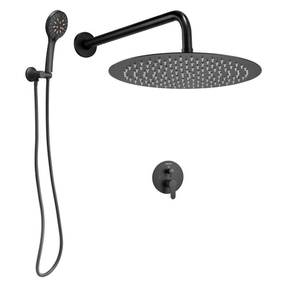 Shower Faucet Set, Rainfall Bathroom Shower System with 12-Inch (30.5cm) Round Rain Shower Head and Handheld Spray, Wall Mounted Bath Fixtures with Brass Valve and Trim Kit, Matte Black
