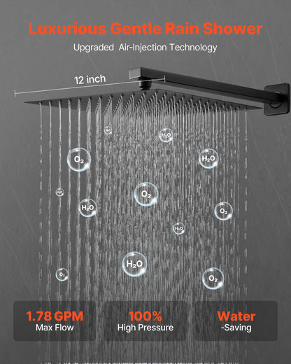Shower Faucet Set, Rainfall Bathroom Shower System with 12-Inch (30.5cm) Square Rain Shower Head and Handheld Spray, Wall Mounted Bath Fixtures with Brass Valve and Trim Kit, Matte Black