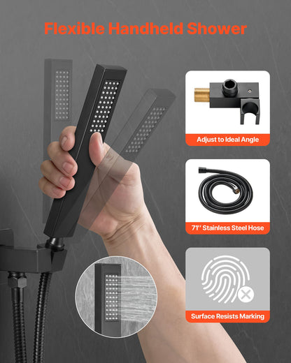 Shower Faucet Set, Rainfall Bathroom Shower System with 12-Inch (30.5cm) Square Rain Shower Head and Handheld Spray, Wall Mounted Bath Fixtures with Brass Valve and Trim Kit, Matte Black