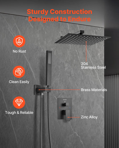 Shower Faucet Set, Rainfall Bathroom Shower System with 12-Inch (30.5cm) Square Rain Shower Head and Handheld Spray, Wall Mounted Bath Fixtures with Brass Valve and Trim Kit, Matte Black