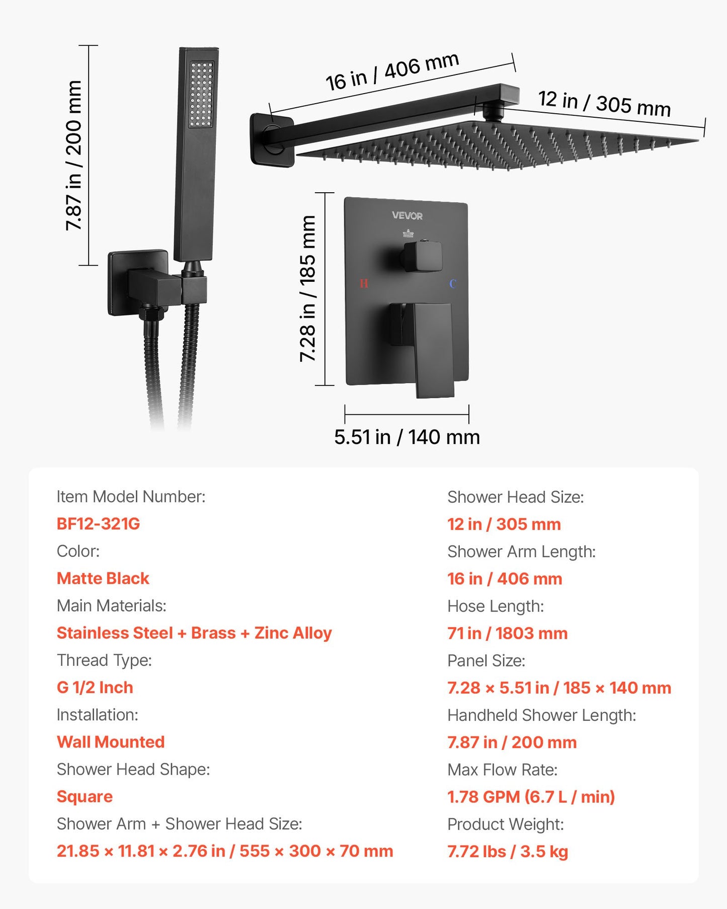 Shower Faucet Set, Rainfall Bathroom Shower System with 12-Inch (30.5cm) Square Rain Shower Head and Handheld Spray, Wall Mounted Bath Fixtures with Brass Valve and Trim Kit, Matte Black
