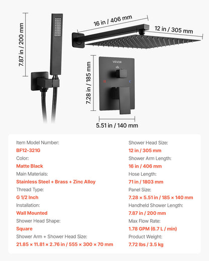 Shower Faucet Set, Rainfall Bathroom Shower System with 12-Inch (30.5cm) Square Rain Shower Head and Handheld Spray, Wall Mounted Bath Fixtures with Brass Valve and Trim Kit, Matte Black