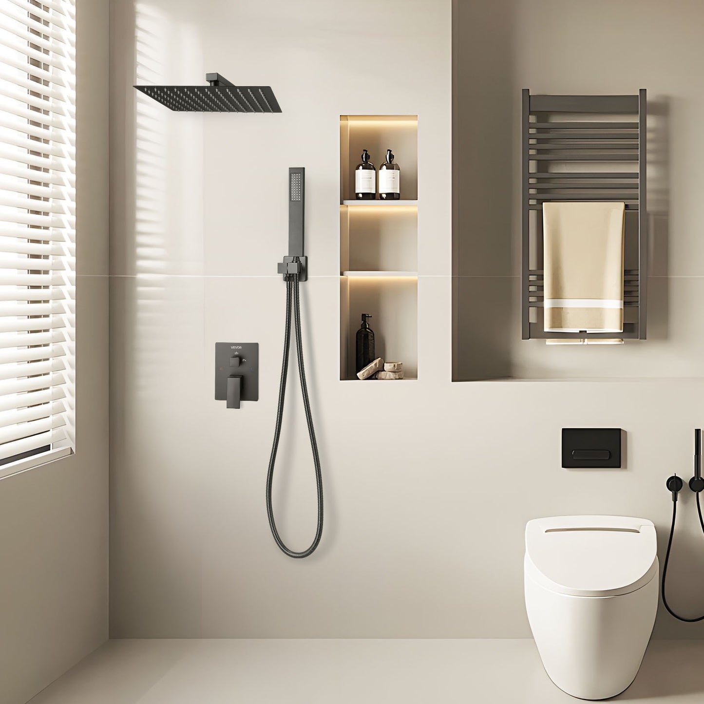 Shower Faucet Set, Rainfall Bathroom Shower System with 12-Inch (30.5cm) Square Rain Shower Head and Handheld Spray, Wall Mounted Bath Fixtures with Brass Valve and Trim Kit, Matte Black