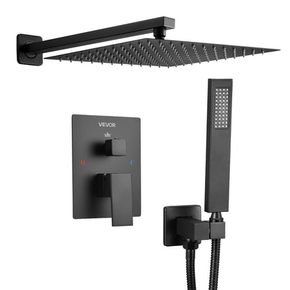 Shower Faucet Set, Rainfall Bathroom Shower System with 12-Inch (30.5cm) Square Rain Shower Head and Handheld Spray, Wall Mounted Bath Fixtures with Brass Valve and Trim Kit, Matte Black