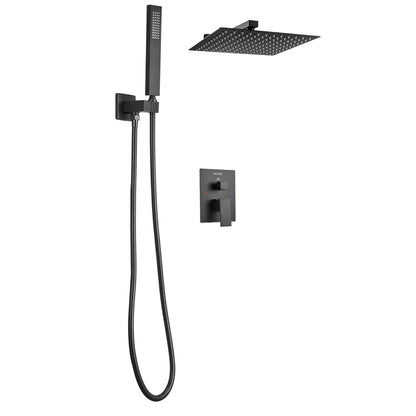 Shower Faucet Set, Rainfall Bathroom Shower System with 12-Inch (30.5cm) Square Rain Shower Head and Handheld Spray, Wall Mounted Bath Fixtures with Brass Valve and Trim Kit, Matte Black