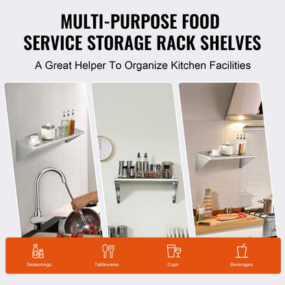 30.5 x 91.4 cm Stainless Steel Shelf, Wall Mounted Floating Shelving with Brackets, 113.4 kg Load Capacity Commercial Shelves, Heavy Duty Storage Rack for Restaurant, Kitchen, Bar, Home, and Hotel