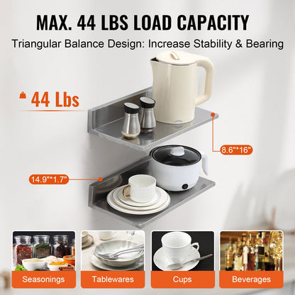 21.8 x 40.6 cm Stainless Steel Shelf, Wall Mounted Floating Shelving with Backsplash, 20 kg Load Capacity Commercial Shelves, Heavy Duty Storage Rack for Restaurant, Kitchen, Bar, Home, and Hotel