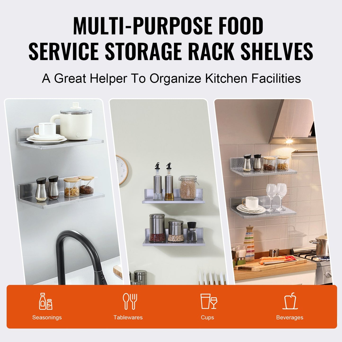 21.8 x 40.6 cm Stainless Steel Shelf, Wall Mounted Floating Shelving with Backsplash, 20 kg Load Capacity Commercial Shelves, Heavy Duty Storage Rack for Restaurant, Kitchen, Bar, Home, and Hotel
