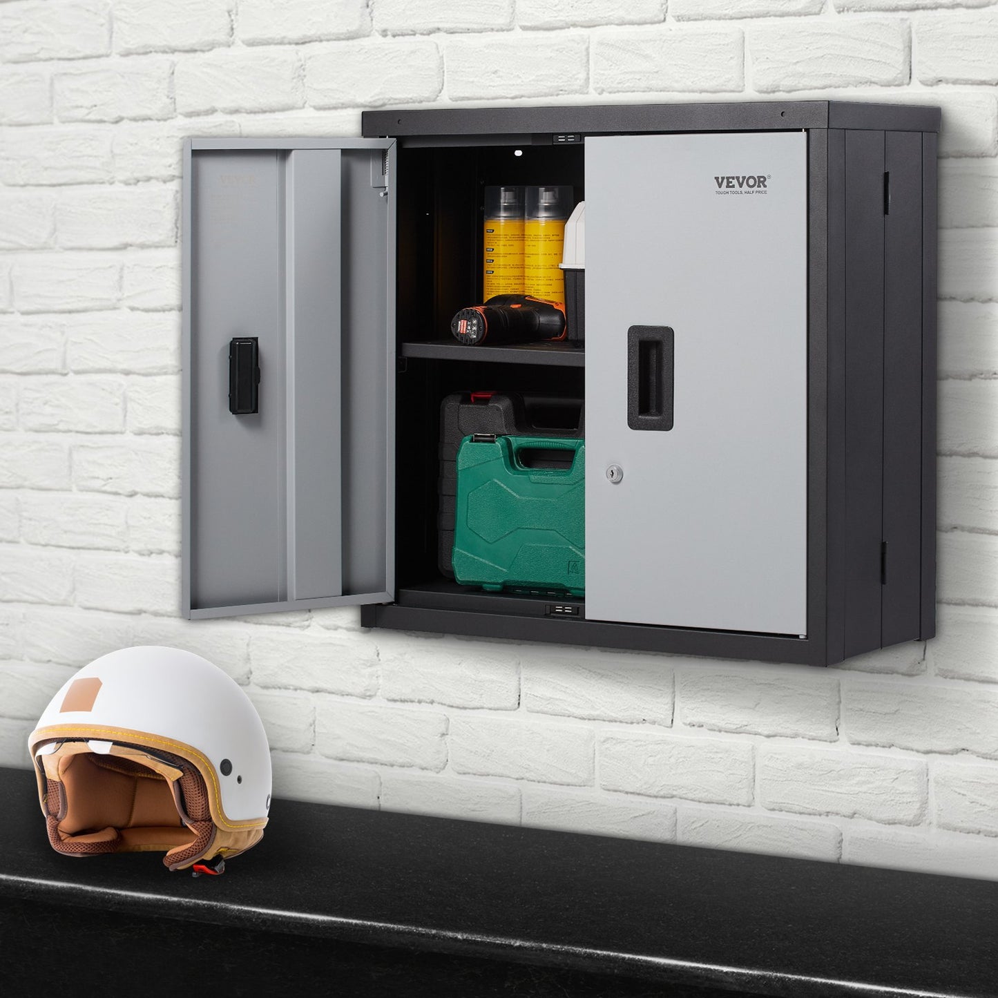 Foldable Wall Cabinet, Metal Garage Locker Mounted 660 mm Small Tool Chest 108.8 kg Loading Capacity Adjustable Shelf Magnetic Door File for Warehouse Office Home Black