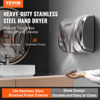 Heavy Duty Commercial Hand Dryer, 1800W Automatic High Speed Stainless Steel Warm Wind Hand Blower, 220V-240V Plug In/Hardwired Two Power Options, Compliant for Industry Business Restrooms
