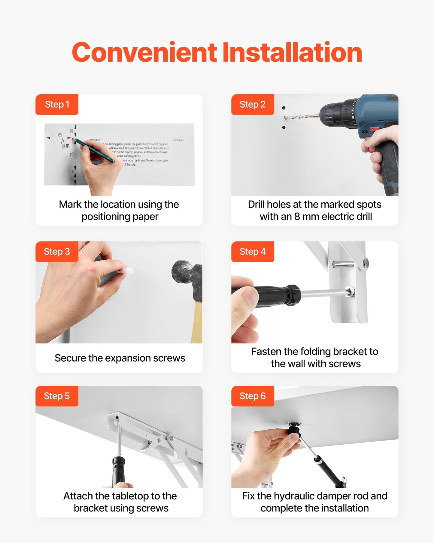 Wandklapptisch, 80 x 40 cm (31,5 x 15,7 Zoll), schwebender Schreibtisch mit Eisenhalterung, klappbarer Tisch für kleine Räume, Homeoffice, Esszimmer, Waschküche, Küche, Bar, Weiß