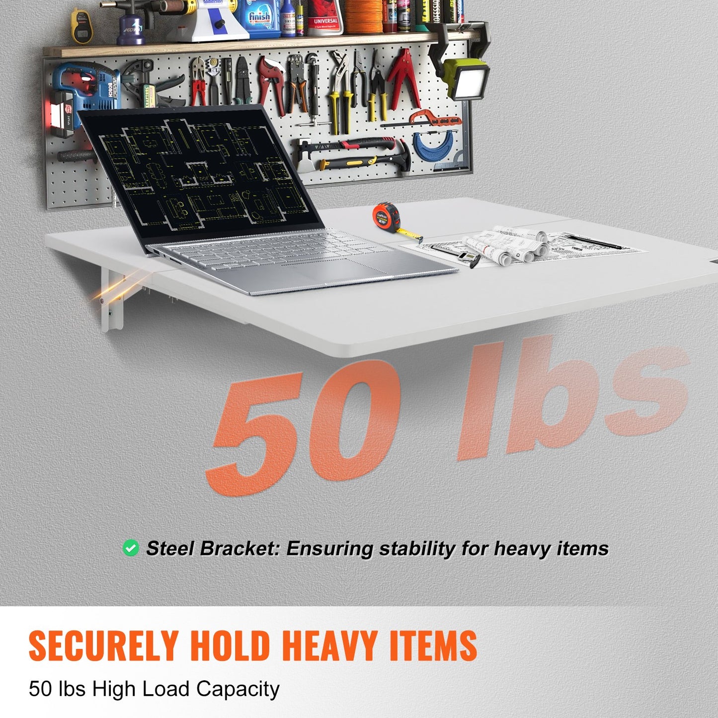 Wandklapptisch, 80 x 50 cm, schwebender Schreibtisch mit Eisenhalterung, klappbarer Schreibtisch für kleine Räume, Homeoffice, Esszimmer, Waschküche, Küche, Bar, Weiß