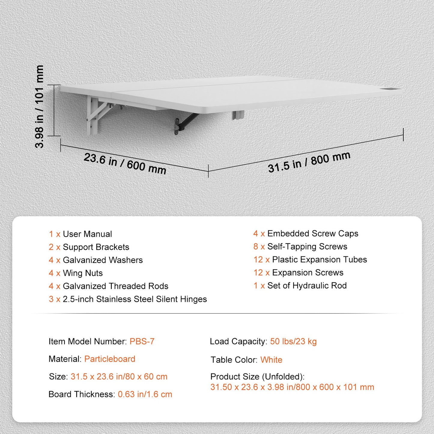 Wandklapptisch, 80 x 50 cm, schwebender Schreibtisch mit Eisenhalterung, klappbarer Schreibtisch für kleine Räume, Homeoffice, Esszimmer, Waschküche, Küche, Bar, Weiß