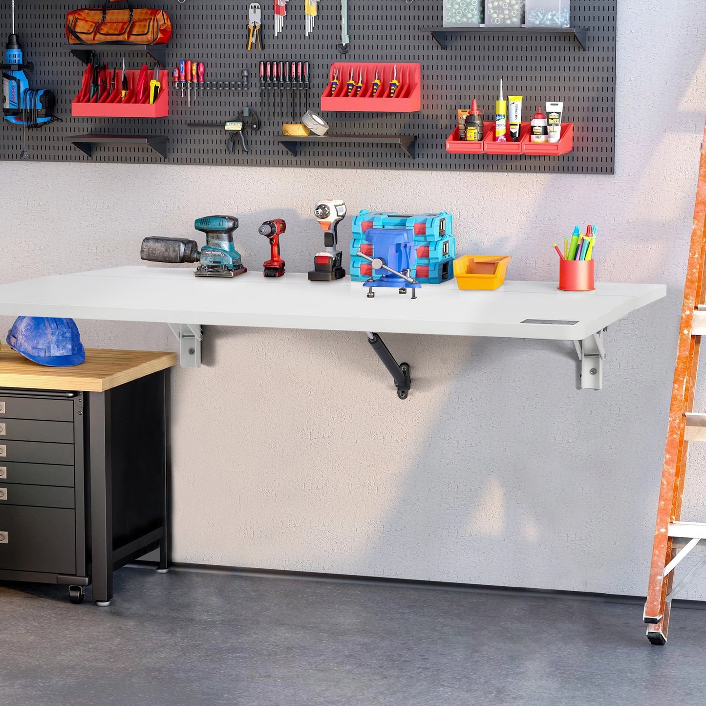 Wandklapptisch, 80 x 50 cm, schwebender Schreibtisch mit Eisenhalterung, klappbarer Schreibtisch für kleine Räume, Homeoffice, Esszimmer, Waschküche, Küche, Bar, Weiß