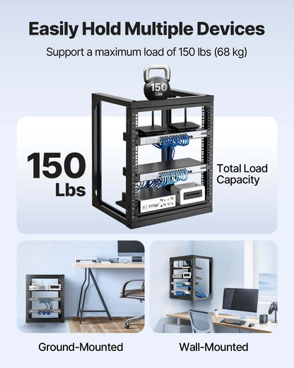 12 HE Wand-Serverschrank, max. Traglast 68,04 kg, offener Netzwerkschrank mit 180°-Schwenktür, Kohlenstoffstahl, ideal für IT-Netzwerkgeräte und AV-Server, Schwarz