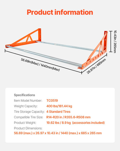 Wall Mounted Tire Rack, 31" - 56" Adjustable Tire Rack, Q235 Heavy-Duty Steel Tire Storage Rack for R14-R20 inch Standard Tires, Max 400lbs Load Capacity, Ideal for Garage Workshop Repair Shop