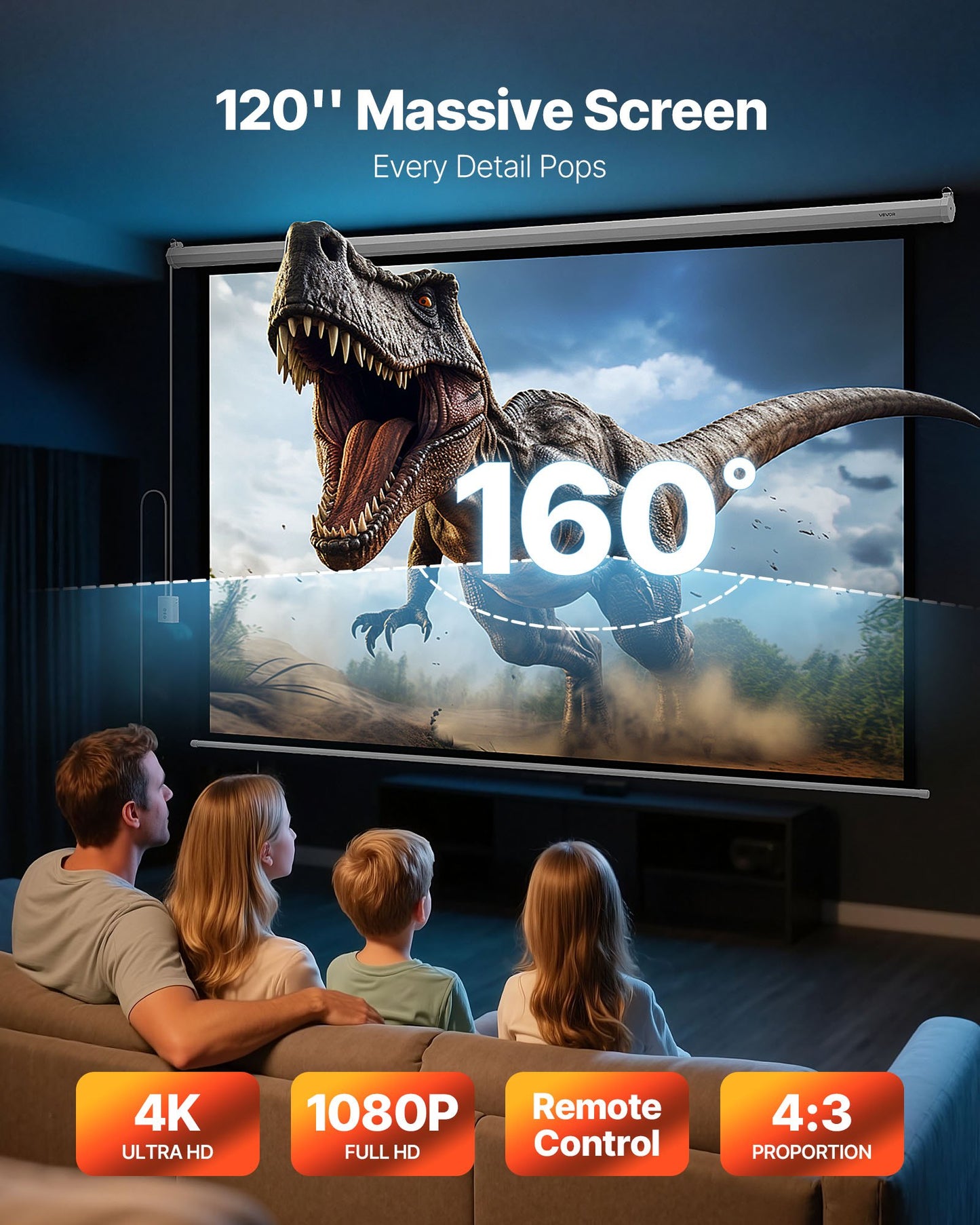 Motorized Projector Screen, 3048 mm 4:3 1080 HD Electric Projector Screen, Wall Mounted Projection Dispaly Projector with Remote Control, Automatic Movie Screen for Family Home Office Theater