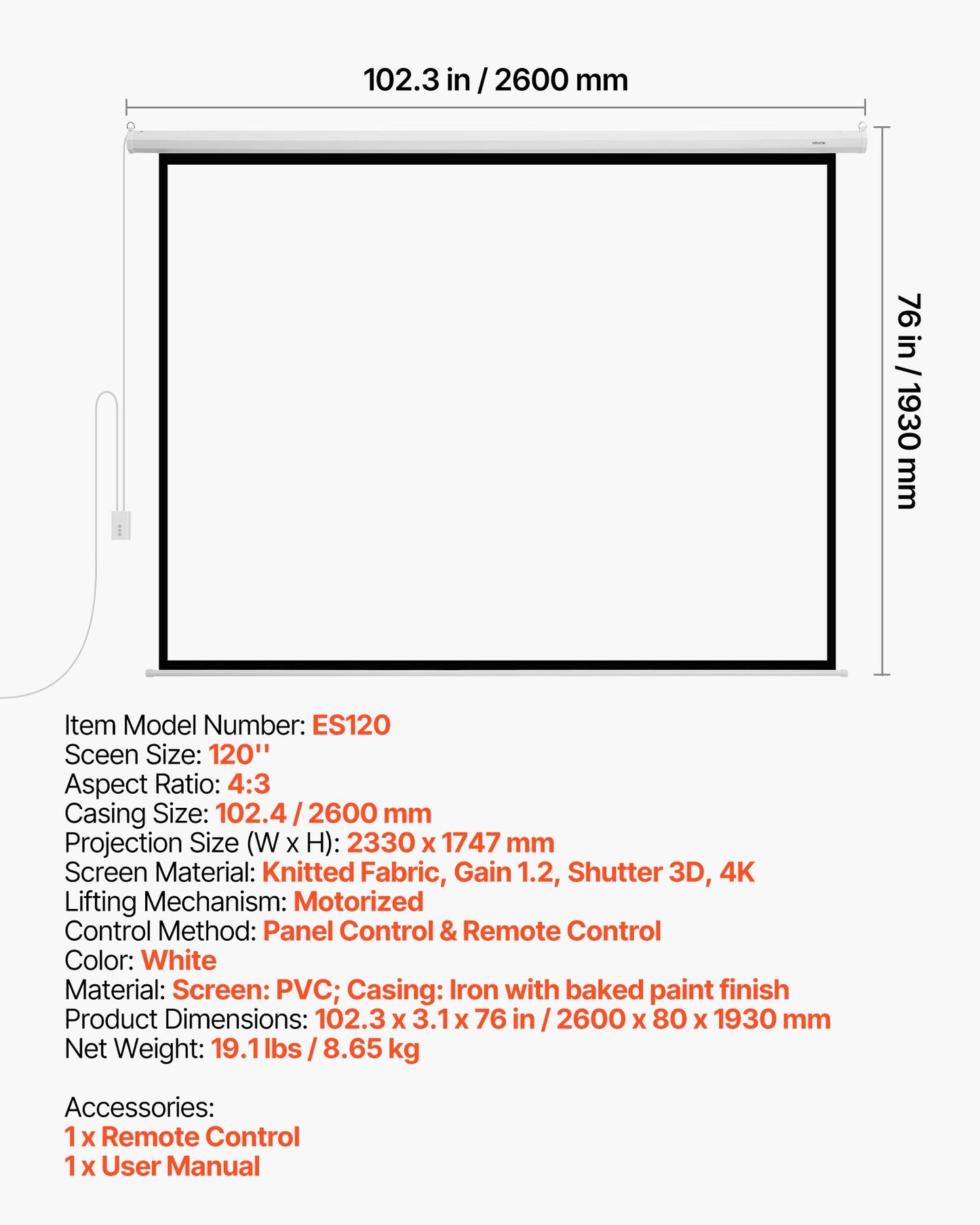 Motorized Projector Screen, 3048 mm 4:3 1080 HD Electric Projector Screen, Wall Mounted Projection Dispaly Projector with Remote Control, Automatic Movie Screen for Family Home Office Theater