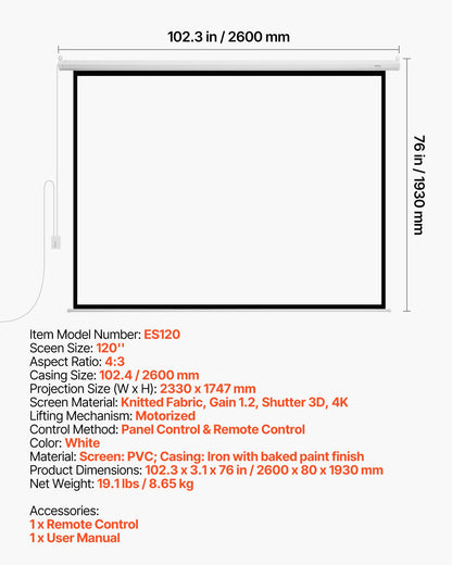 Motorized Projector Screen, 3048 mm 4:3 1080 HD Electric Projector Screen, Wall Mounted Projection Dispaly Projector with Remote Control, Automatic Movie Screen for Family Home Office Theater
