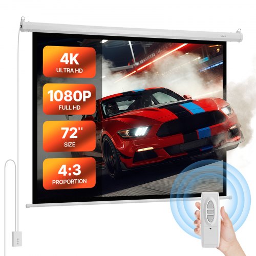Motorized Projector Screen, 1829 mm 4:3 1080 HD Electric Projection Screen, Wall Mounted Projection Dispaly Projector with Remote Control, Automatic Movie Screen for Family Home Office Theater